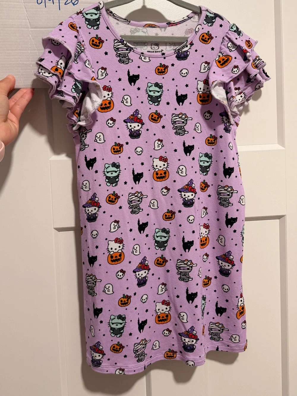 Posh Peanut Hello Kitty Monstera Halloween Ruffled Sleeve French Terry Dress